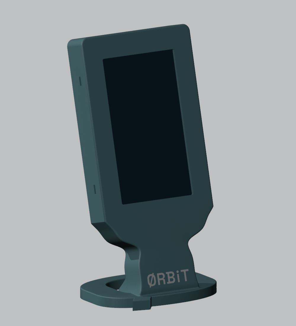 Orbit enclosure design with a portrait display opening and compact desktop stand
